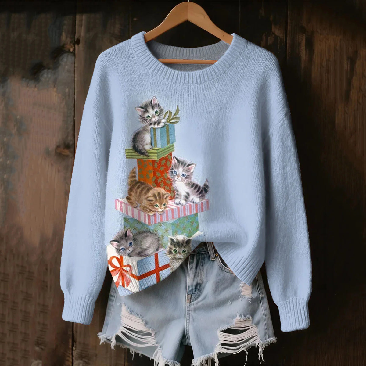 Comstylish Women's Christmas Gift Cat Print Cozy Knit Sweater