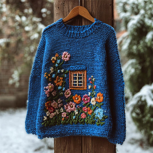 Comstylish Vintage Boho Floral Window Crochet Cozy Knit Sweater