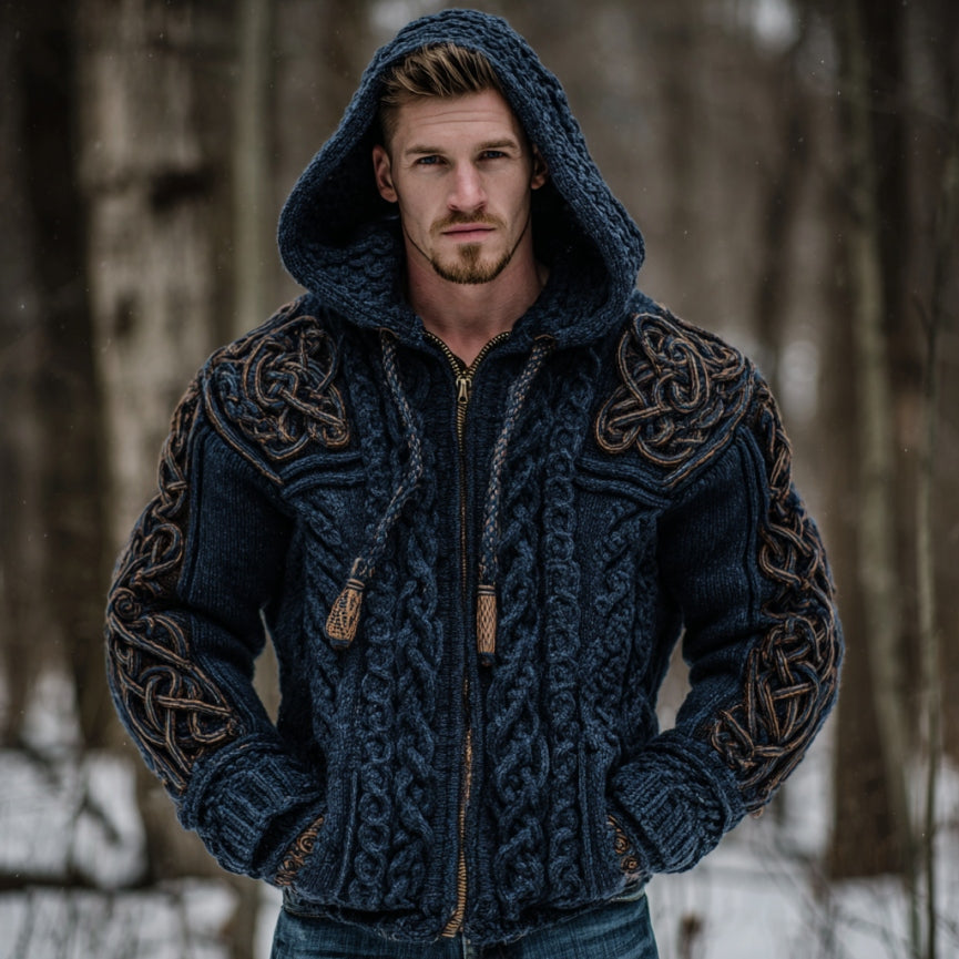 Men's Vintage Viking Celtic Knot Art Chunky Knit Hooded Zip-up Sweater elevenforest
