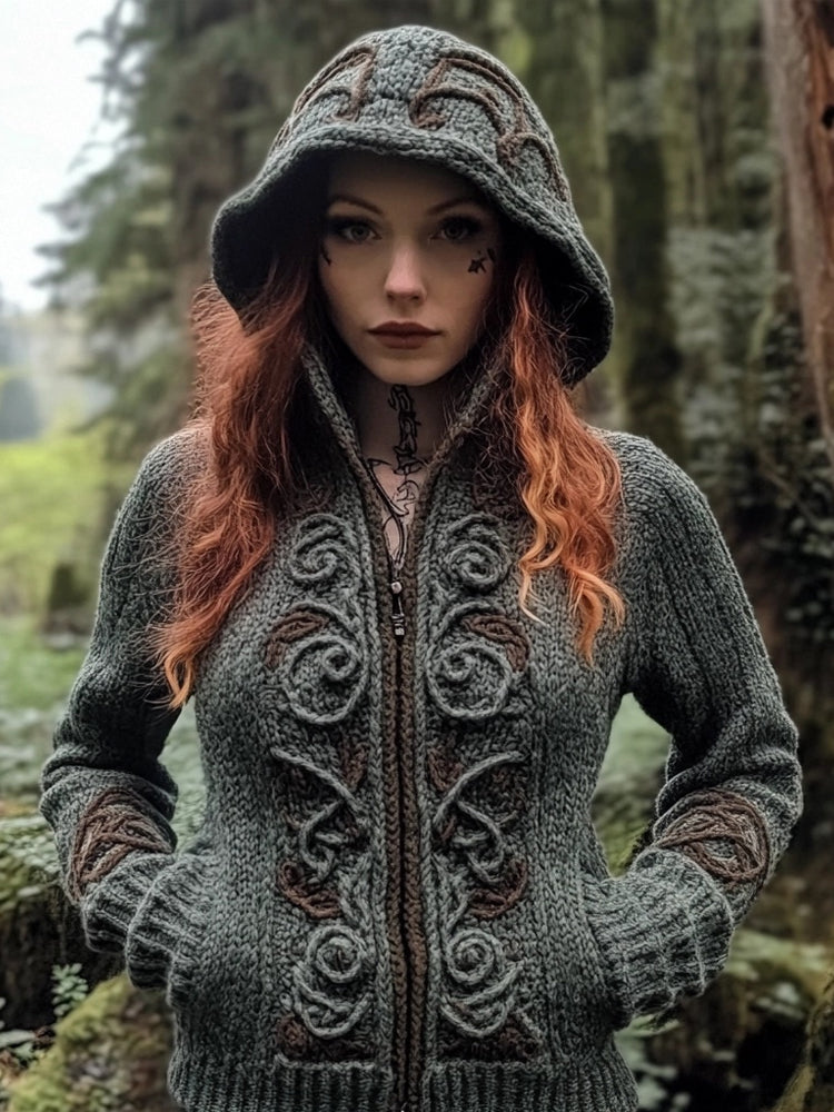 Vintage Irish Celtic Jacquard Cozy Chunky Hooded Cardigan artswardrobe