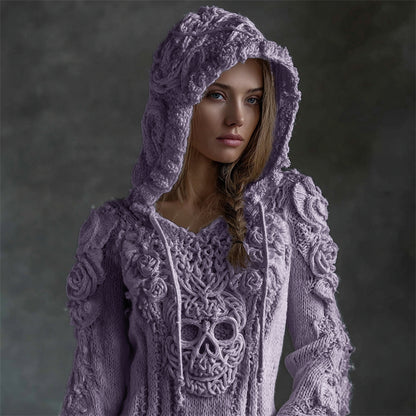 Comstylish Vintage White Roses Viking Celtic Skull Hooded Cozy Knit Sweater