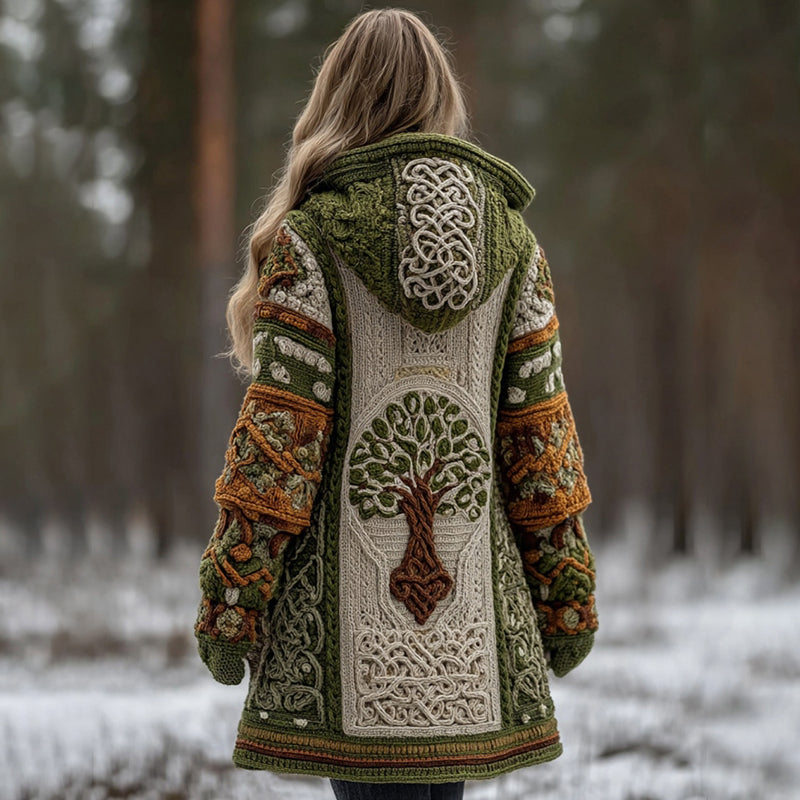Women's Vintage Viking Tree Of Life Pattern Knit Hooded Sweater Cardigan artswardrobe