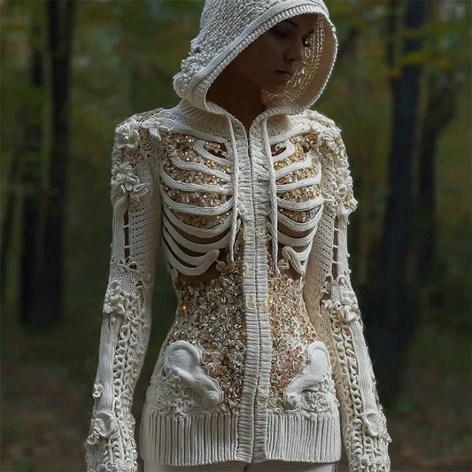 Comstylish Halloween Skull Sequin Art Knit Zipper Hooded Sweater
