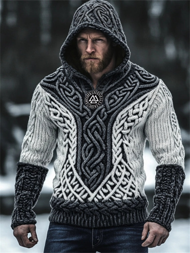 Men's Viking Embroidered Celtic Contrast Chunky Hooded Sweater elevenforest