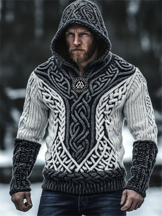 Men's Viking Embroidered Celtic Contrast Chunky Hooded Sweater elevenforest