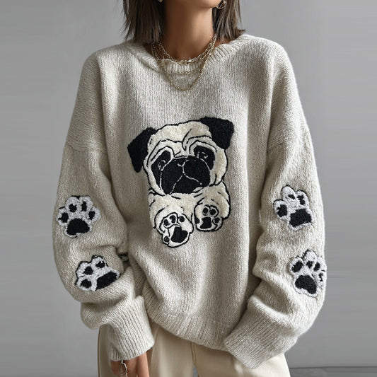 Lovely Cute Pug And Paws Embroidery Art Loose Cozy Knit Sweater elevenforest