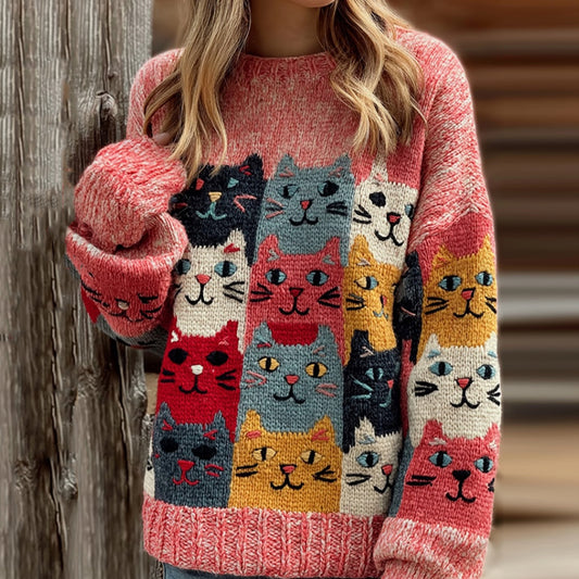 Women's Colorful Cats Pattern Art Cozy  Knit Sweater elevenforest