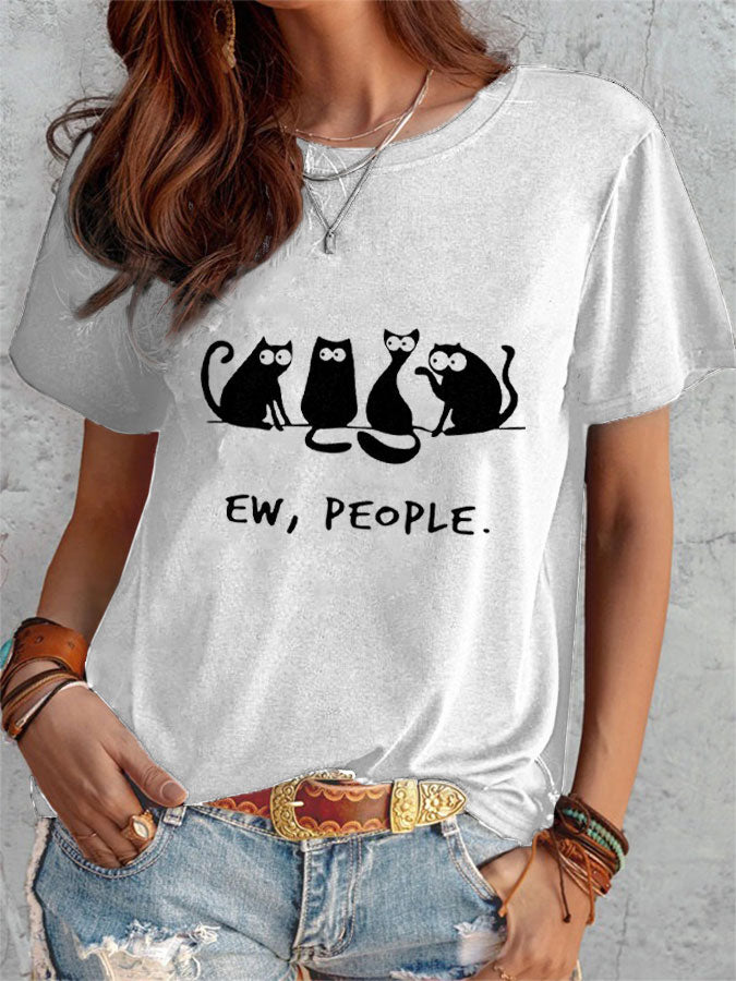 Ew,People Black Cat Print T-shirt elevenforest