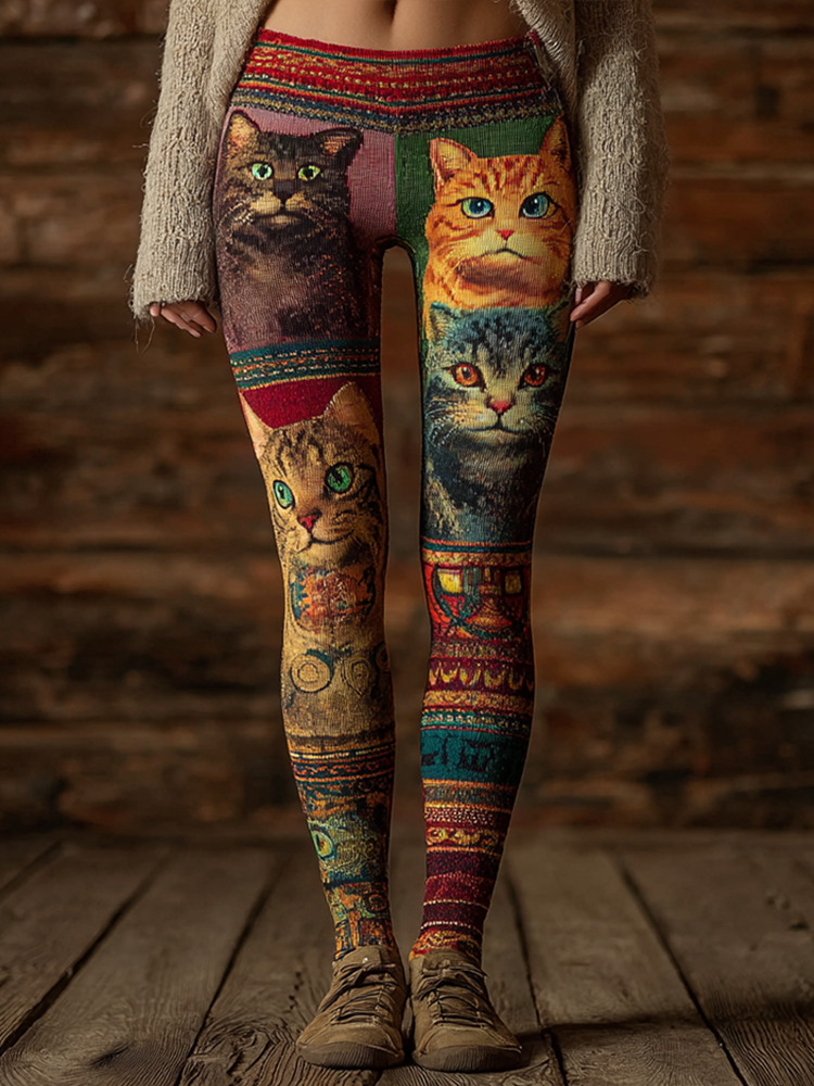 Comstylish Retro Cat Print Women's Tight Knit Leggings