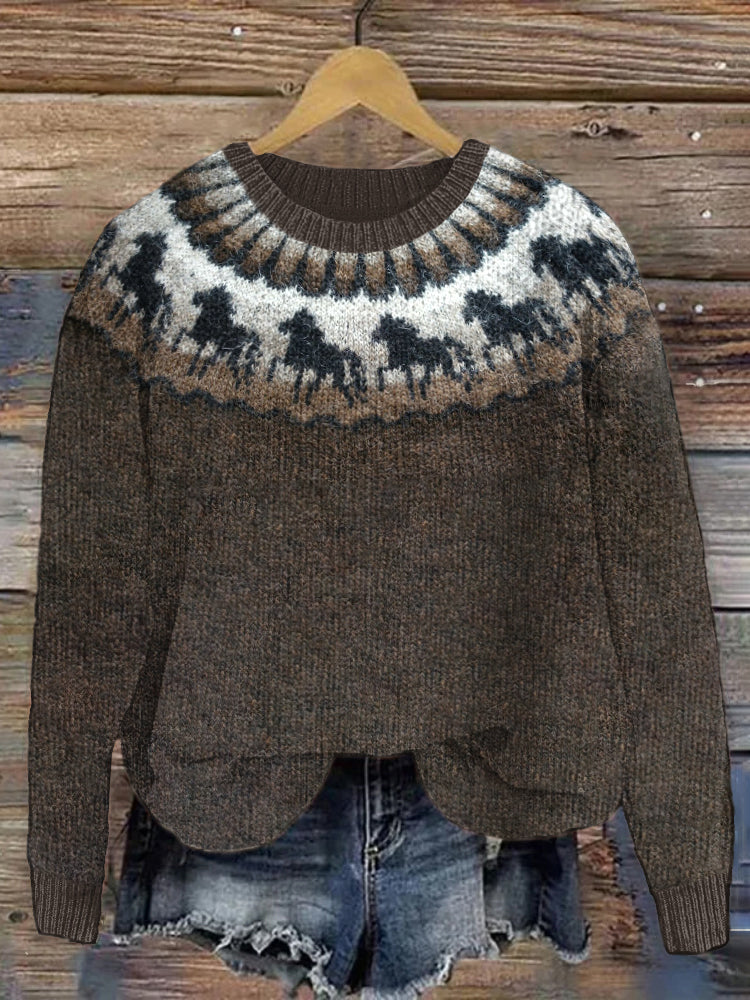 Vintage Horse Pattern Cozy Knit Sweater elevenforest