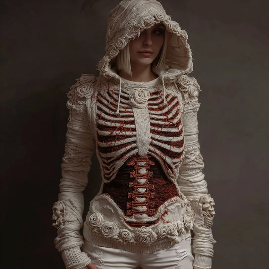 Women's Halloween Bandage Skull And White Rose Art Knitted Hooded Sweater artswardrobe