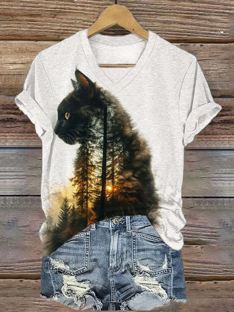 Fuzzy Cat Forest Sunset Art V Neck T Shirt elevenforest