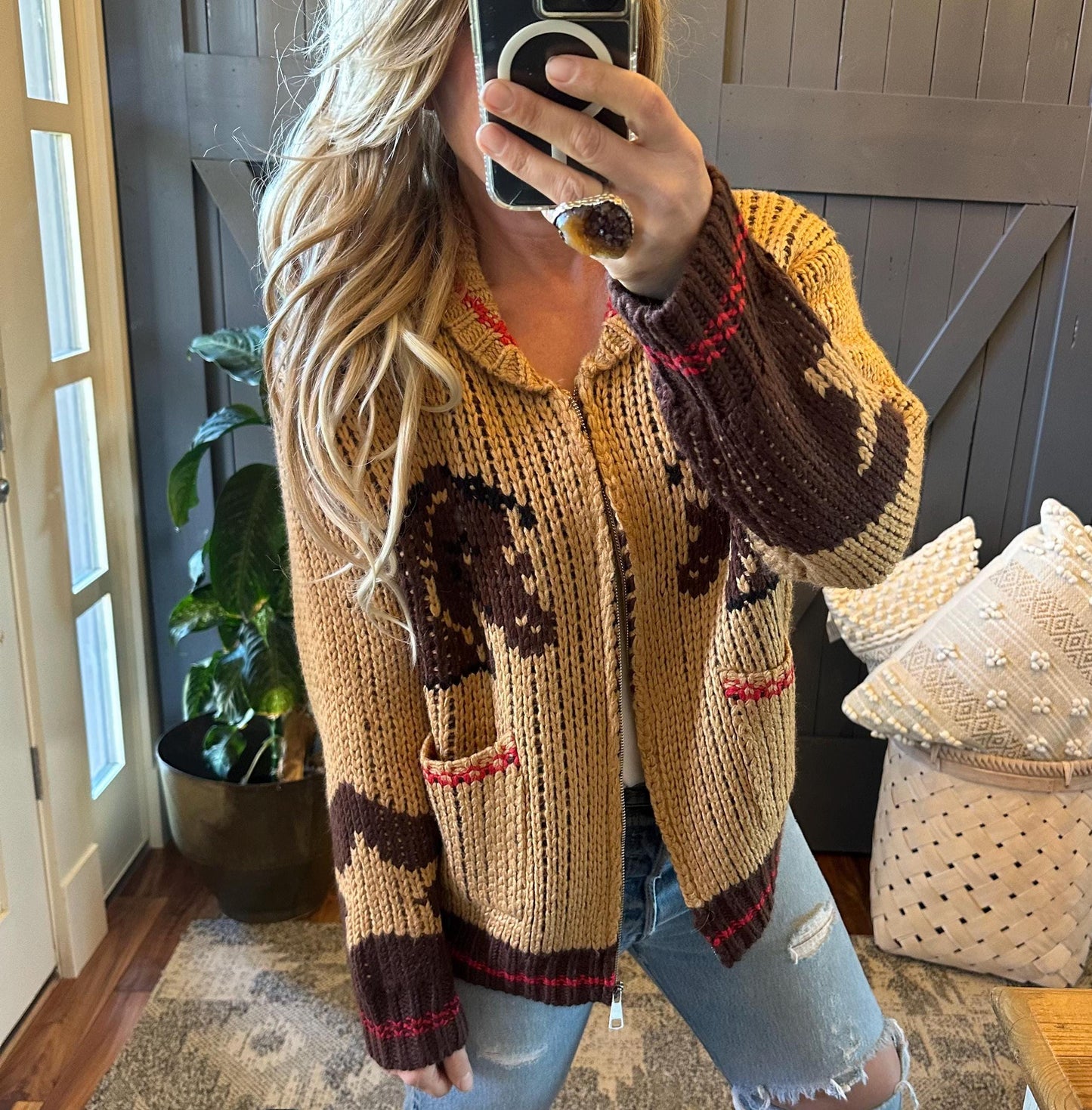 Vintage Western Horse Pattern Cozy Knit Cardigan elevenforest