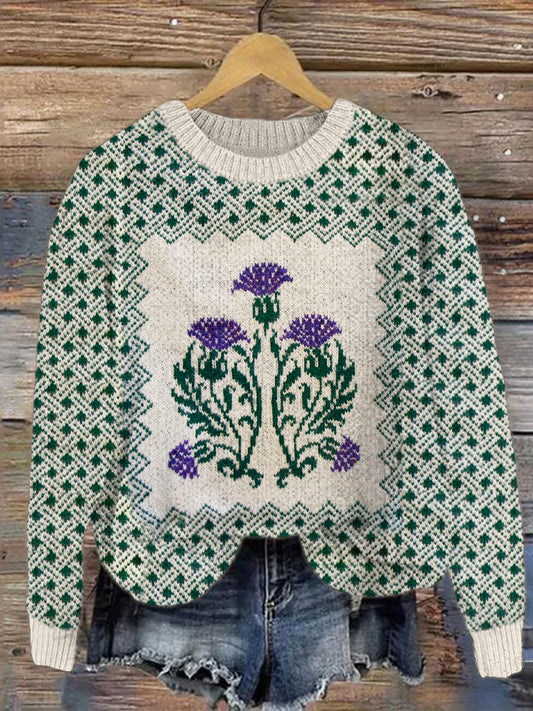 Vintage Scottish Thistle Floral Women's Knit Sweater elevenforest