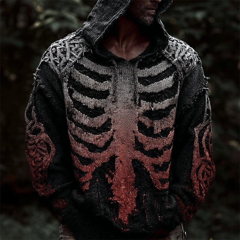 Men's Bloody Skeleton Gradient Celtic Cozy Knit Hooded Sweater artswardrobe