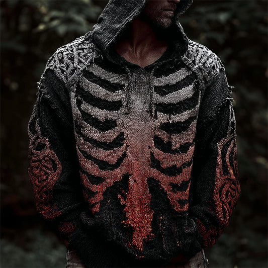 Men's Bloody Skeleton Gradient Celtic Cozy Knit Hooded Sweater artswardrobe