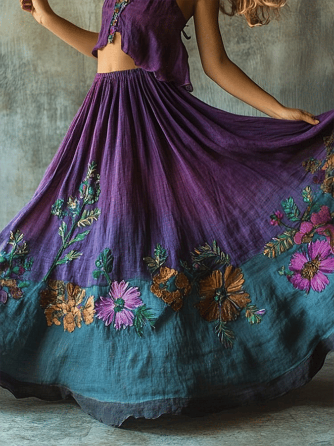 Women's Vintage Floral Embroidered Art Linen Blend Skirt