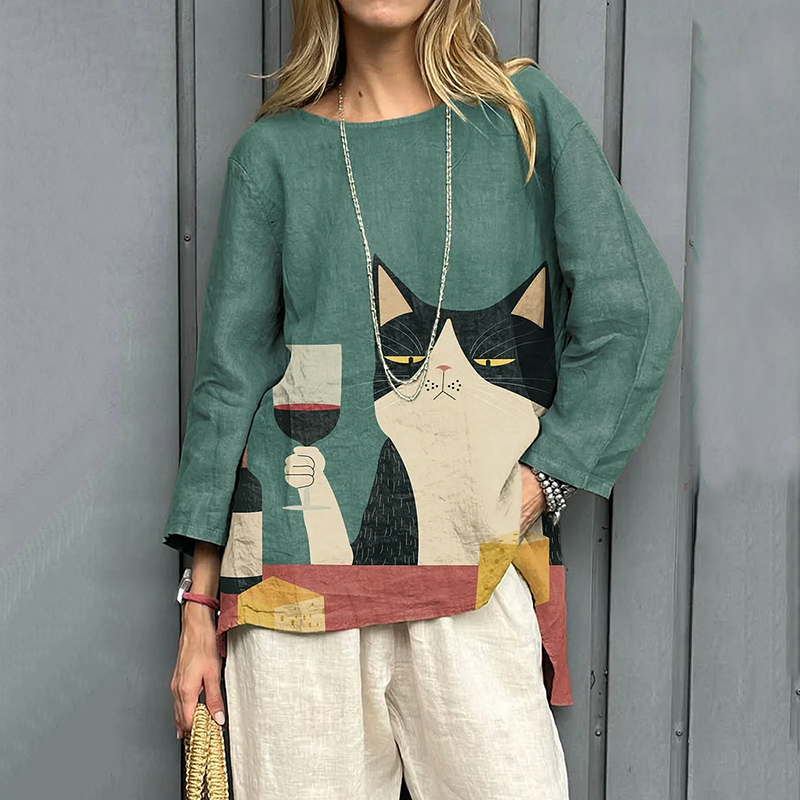 Women's Vintage  Color Block Cat Art Print Linen T-shirt