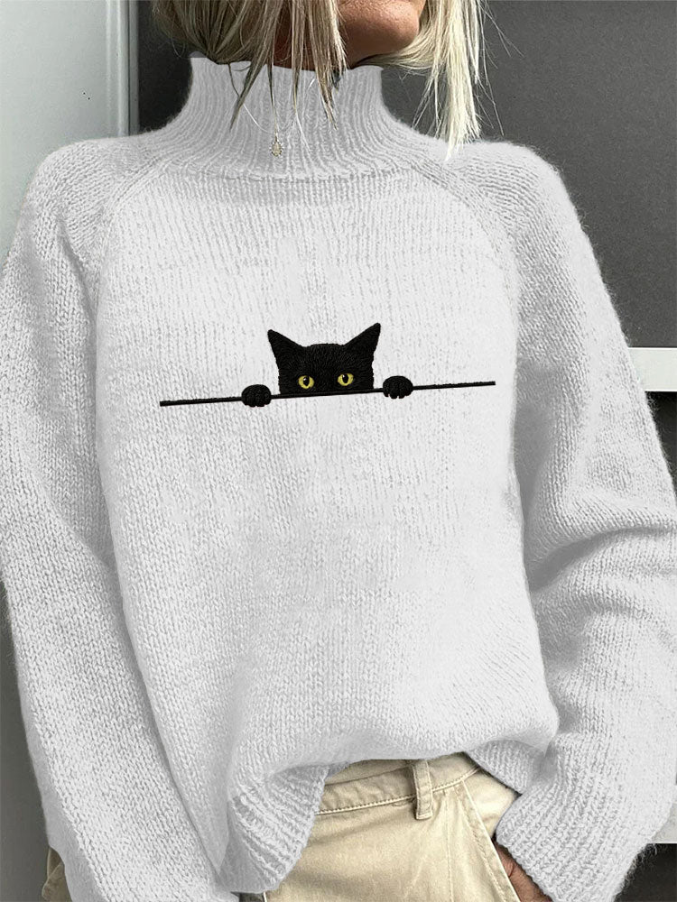 Women's Casual Funny Black Cat Print High Neck Sweater artswardrobe