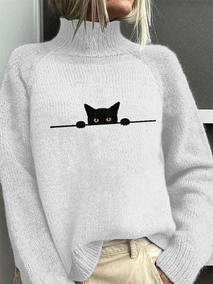 Women's Casual Funny Black Cat Print High Neck Sweater artswardrobe