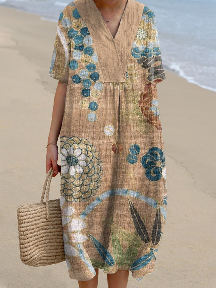 Japanese Traditional Floral Print Linen Blend Vintage Dress