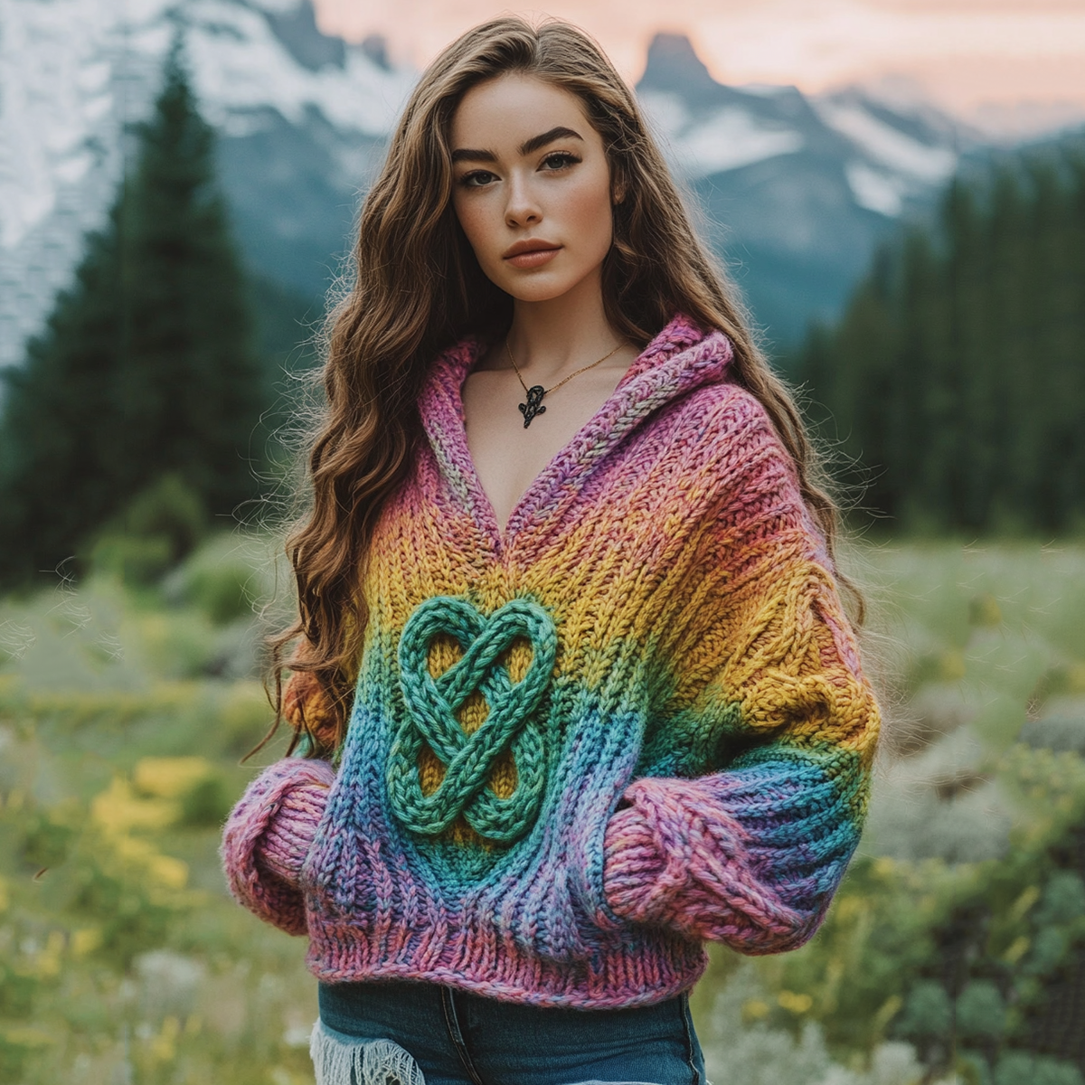 Women's Irish Rainbow Pattern Jacquard Pocket Cozy Hooded Sweater elevenforest