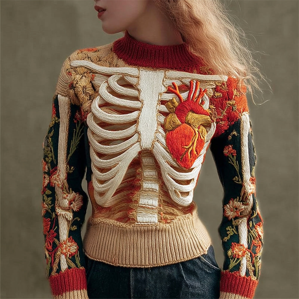 3d Human Skeleton & Floral Art Women's Knit Crew Neck Sweater artswardrobe