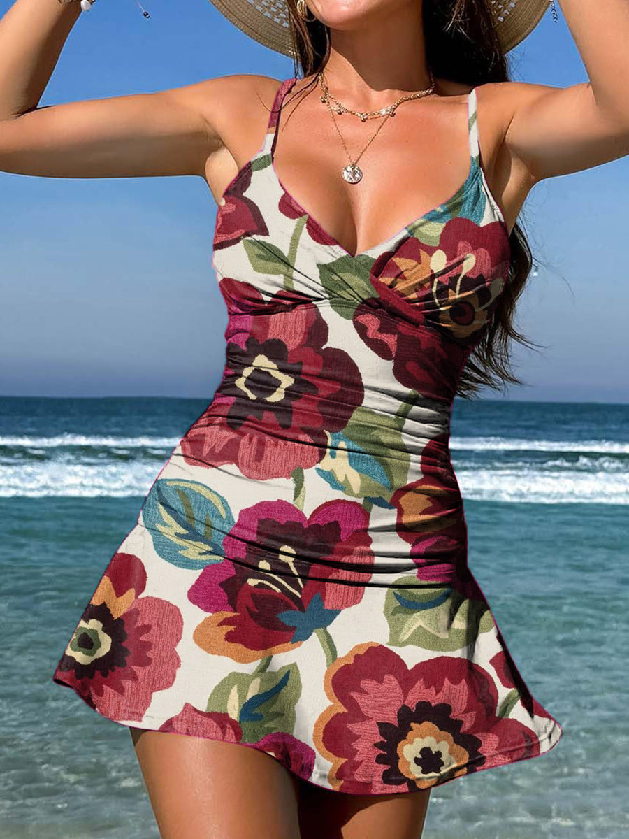 V-Neck Vintage Flowers Print Suspender Skirt Tankini Pantskirt Set Swimsuit