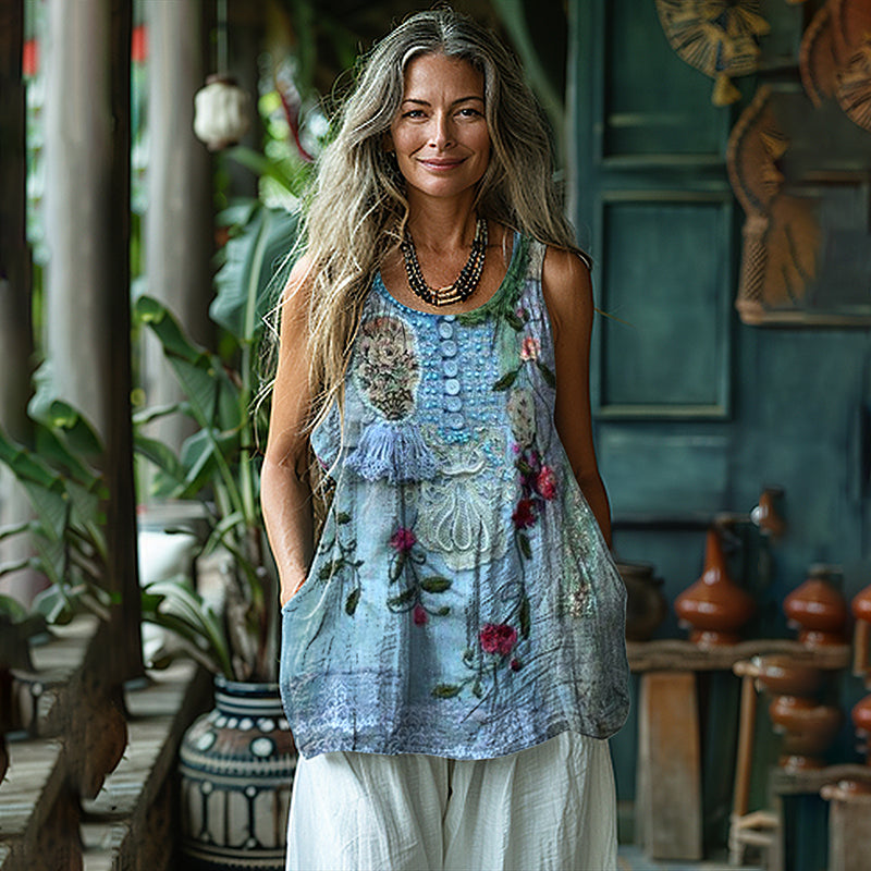 Vintage Floral Print Sleeveless Linen Blend Tank Top artswardrobe