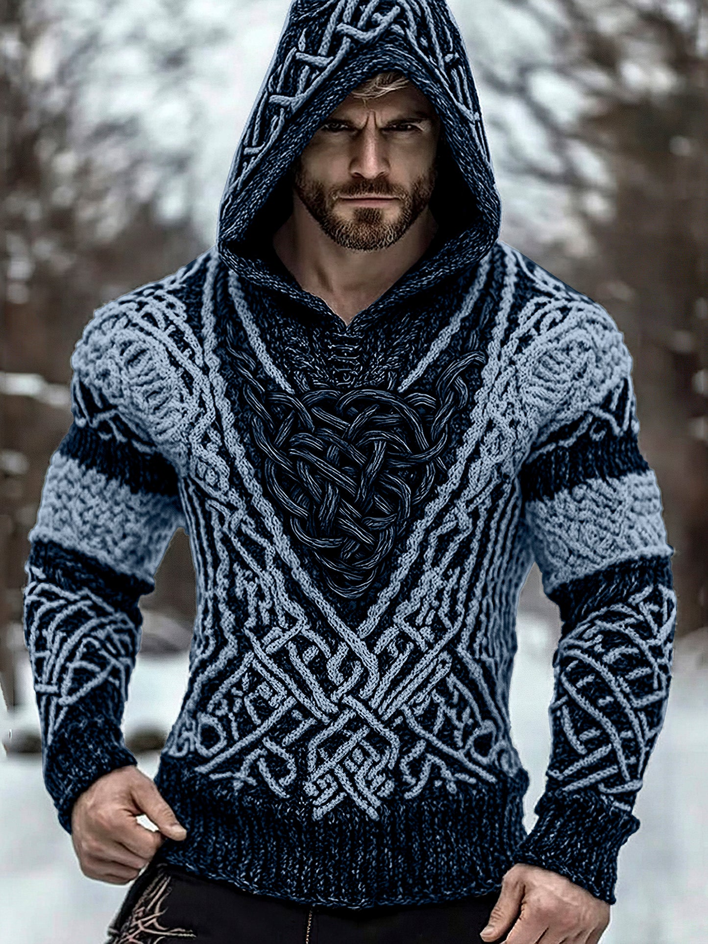 Men's Viking Jacquard Inspired Celtic Hooded Sweater elevenforest