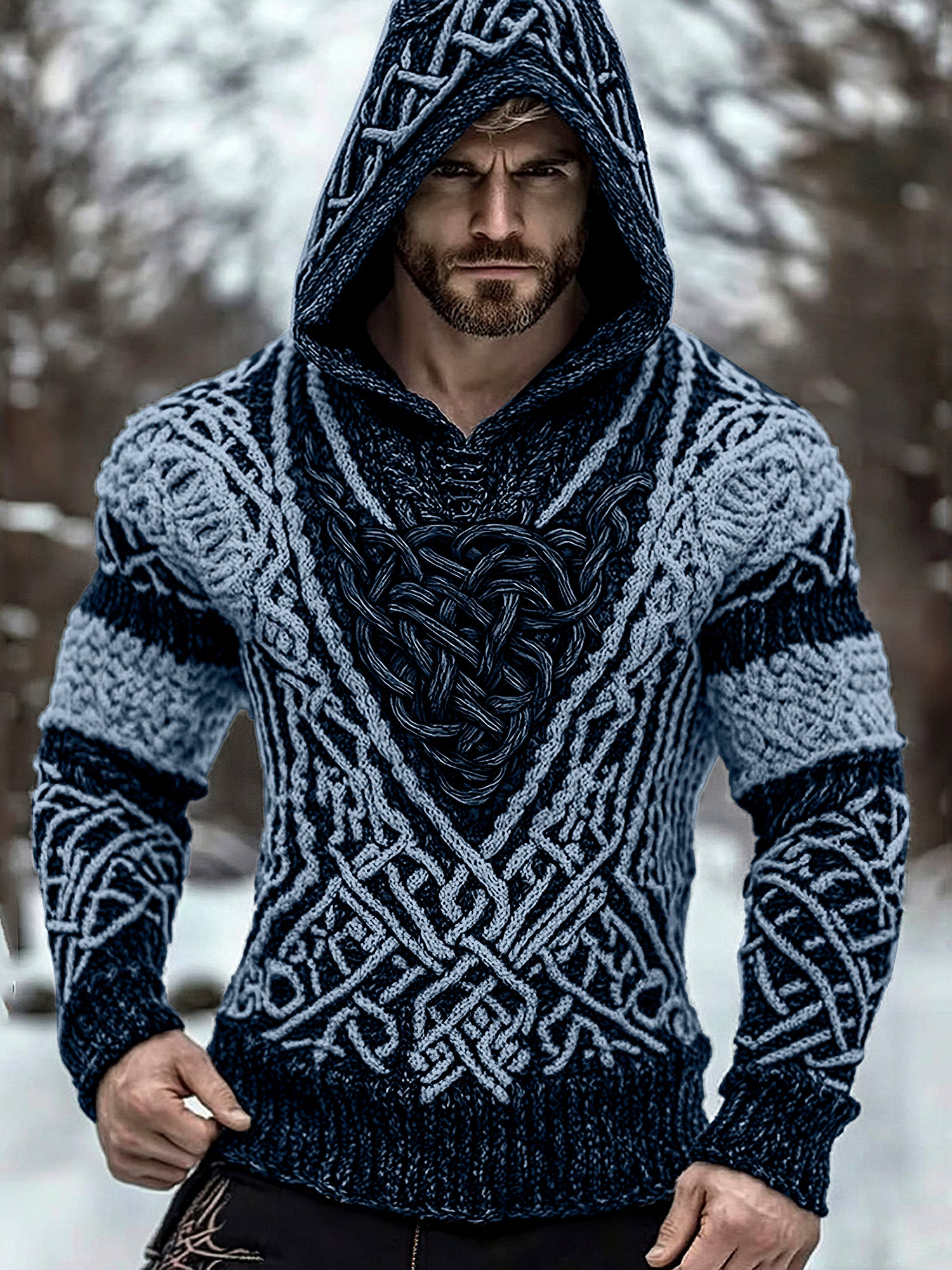 Men's Viking Jacquard Inspired Celtic Hooded Sweater elevenforest
