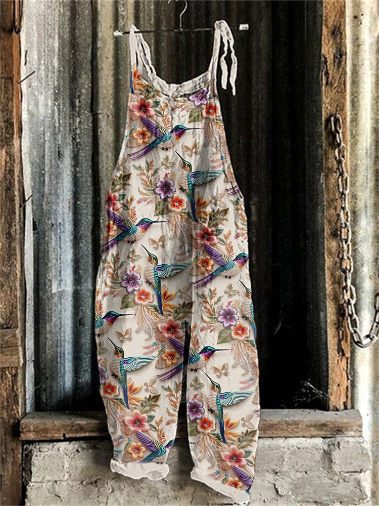 Hummingbirds Floral Embroidery Pattern Linen Blend Jumpsuit artswardrobe