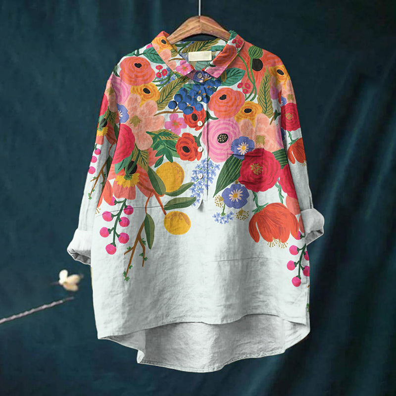Comstylish Vintage Flowers Art Print Casual Cotton And Linen Shirt
