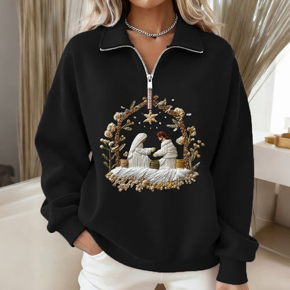 Comstylish Women's Nativity Night Print Zipper Sweatshirt