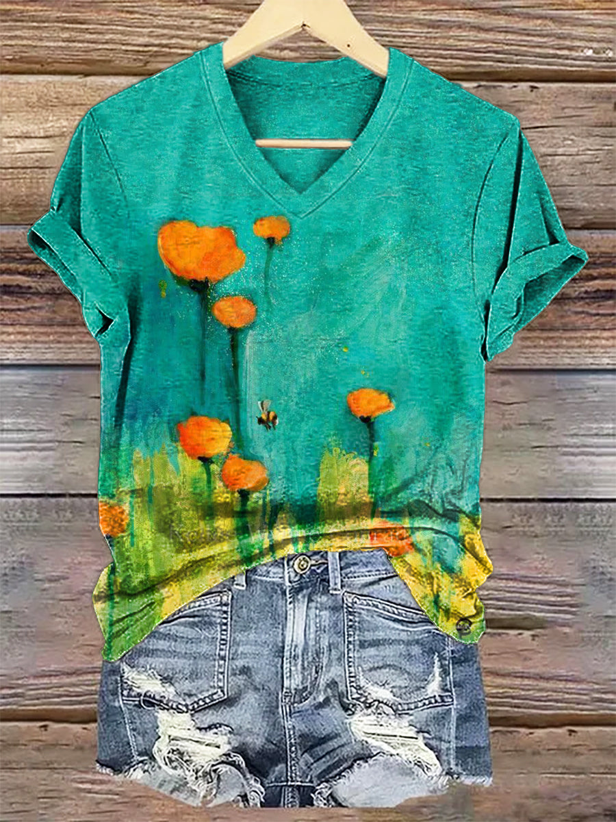 Women's Vintage Floral Art Print V-neck Casual T-Shirt-1
