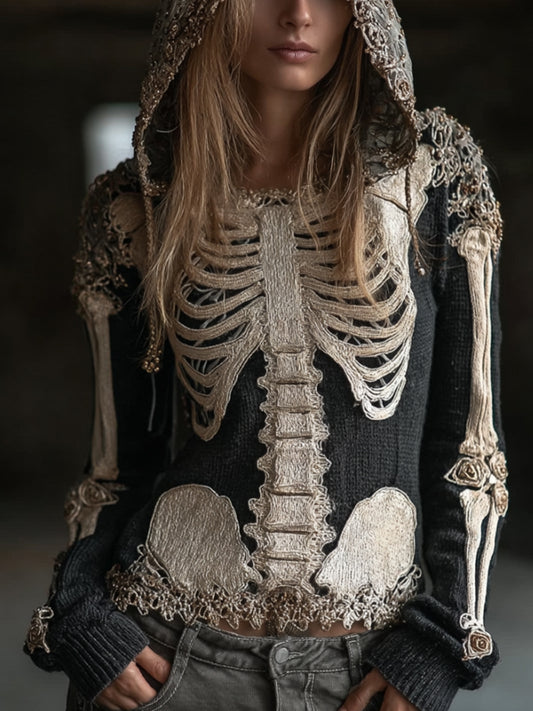 Women's Halloween Skeleton Rose Retro Dark Hooded Sweater artswardrobe