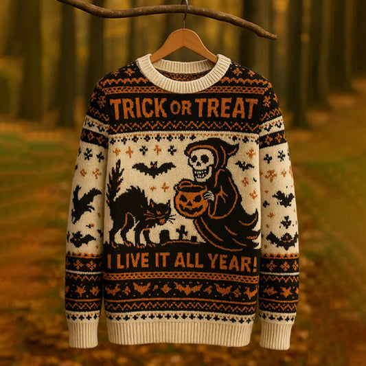 Women's Retro Cat Death Bat Fair Isle Style Halloween Print Sweater elevenforest