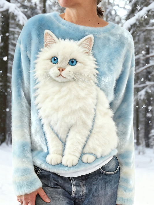 Cute Snowy Cat Embroidered Cozy Plush Sweatshirt