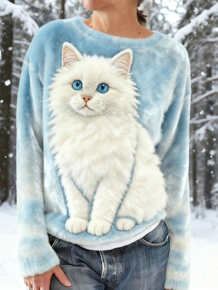 Cute Snowy Cat Embroidered Cozy Plush Sweatshirt artswardrobe