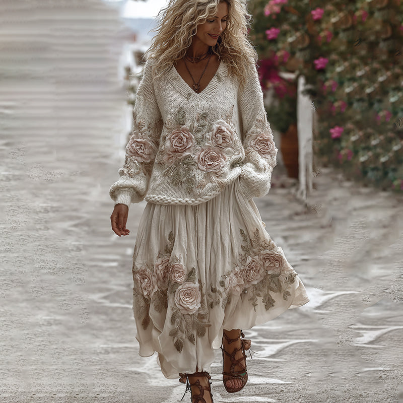 Classic Rose Art Cozy Knit V Neck Sweater And Linen Skirt Two-piece Set elevenforest