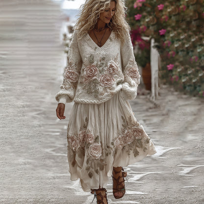 Classic Rose Art Cozy Knit V Neck Sweater And Linen Skirt Two-piece Set elevenforest