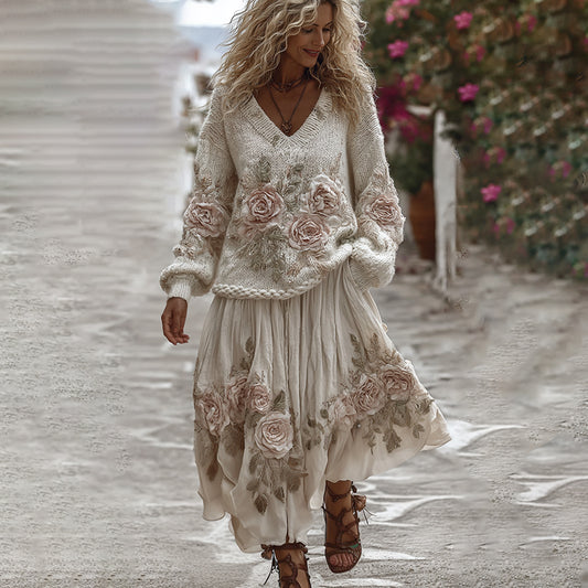 Classic Rose Art Cozy Knit V Neck Sweater And Linen Skirt Two-piece Set artswardrobe