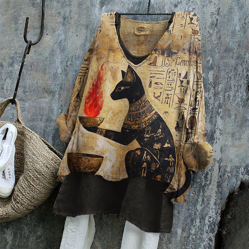 Ancient Egyptian Black Cat & Flame Art Flowy Linen Tunic elevenforest
