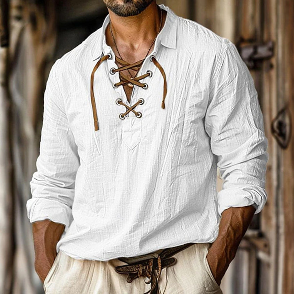 Men's Summer Beach Style Lapel Loose Pullover V-neck Drawstring Long-sleeved Shirt artswardrobe