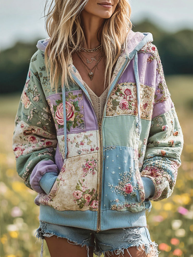 Comstylish Women's Vintage Floral Patchwork Cozy Warm Zipper Hoodie