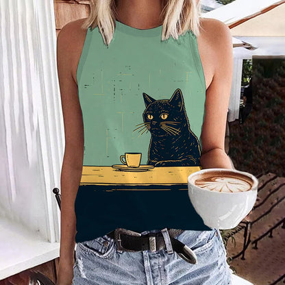 Abstract Creative Black Cat Chilling Coffee Painting Art Print Tank Top elevenforest
