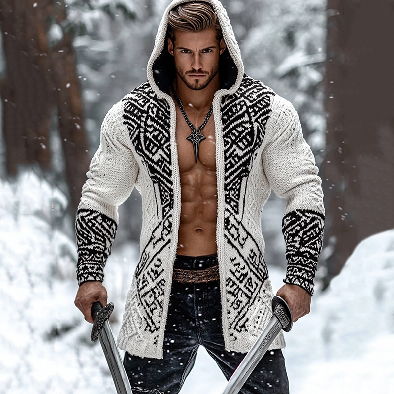 Men's Viking Geometry Pattern Jacquard Cozy Cardigan Sweater elevenforest