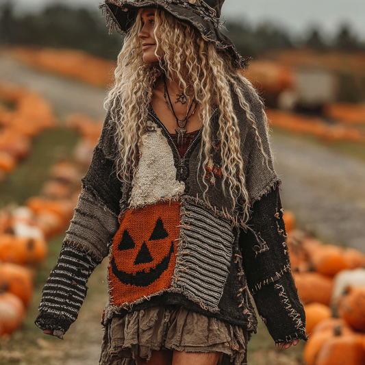 Halloween Face With Striped Art Cozy Knit Zipped Sweater elevenforest