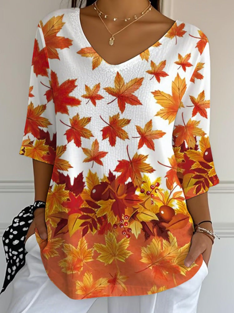 Women's Casual Autumn Maple Leaf Pumpkin Bubble Wrinkle Cotton And Linen Top artswardrobe