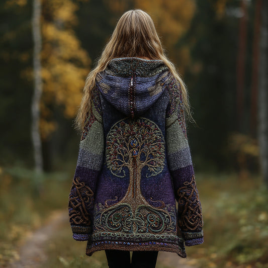 Vintage Tree Of Life Symbol Contrast Color Comfortable Chunky Hooded Cardigan Sweater artswardrobe